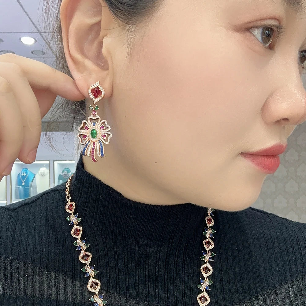 Retro Gorgeous High Quality Electroplated Two-Piece Set Colorful Ribbon Necklace Earrings Perfect Anniversary Fashion Jewelry