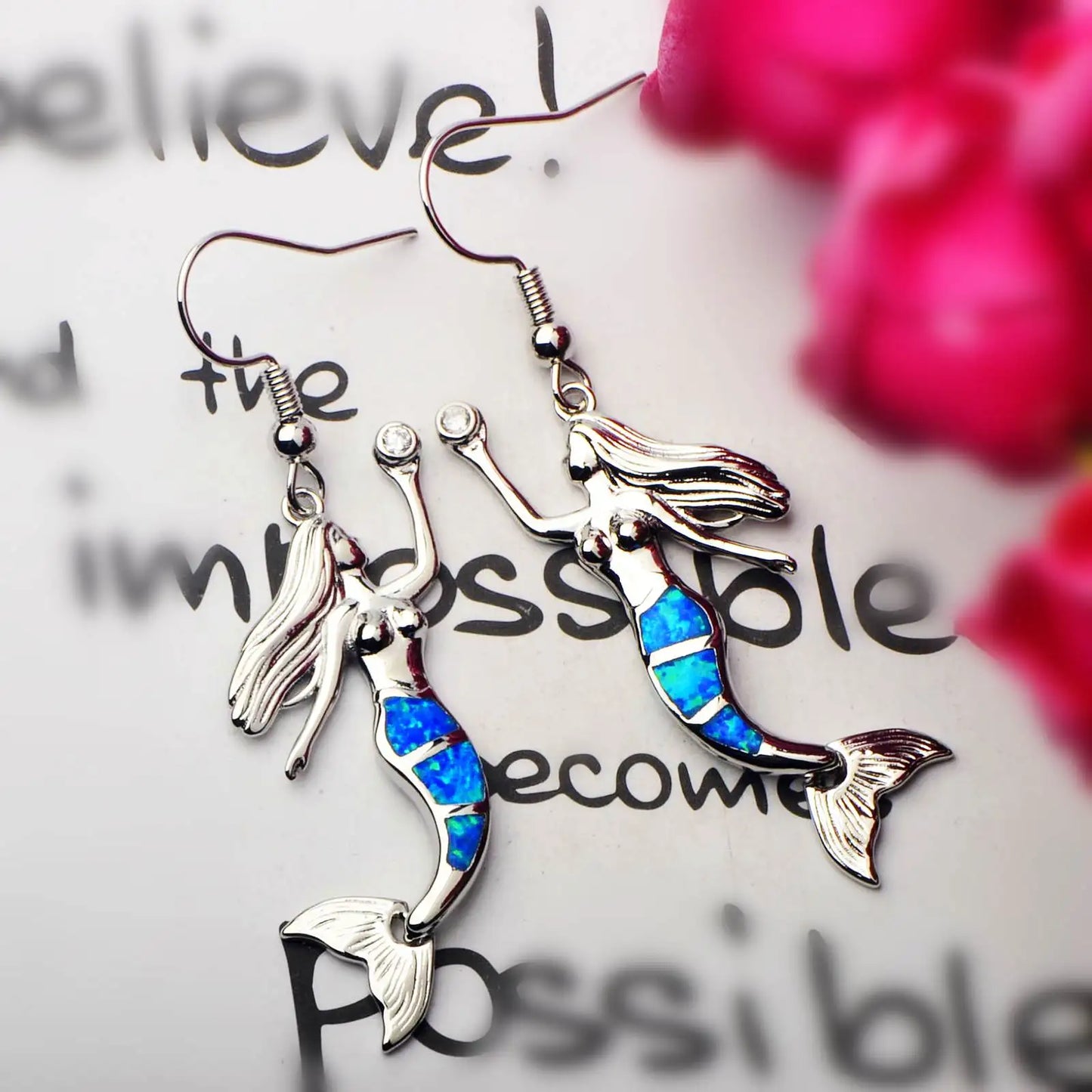 Enchanted Mermaid Opal Drop Earrings - Blue Fire Opal Tail & CZ Accent Design | Fairy-Tale Ocean Jewelry Bulk Gifts