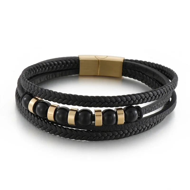 KALEN Men Casual 210mm Braided Leather Bracelet With Stainless Steel Beads