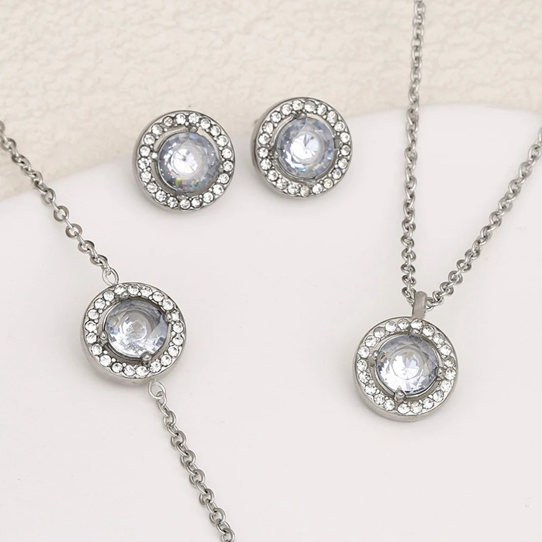 S&S Stainless Steel Round Zircon Necklace, Bracelet & Earring Set – Collection