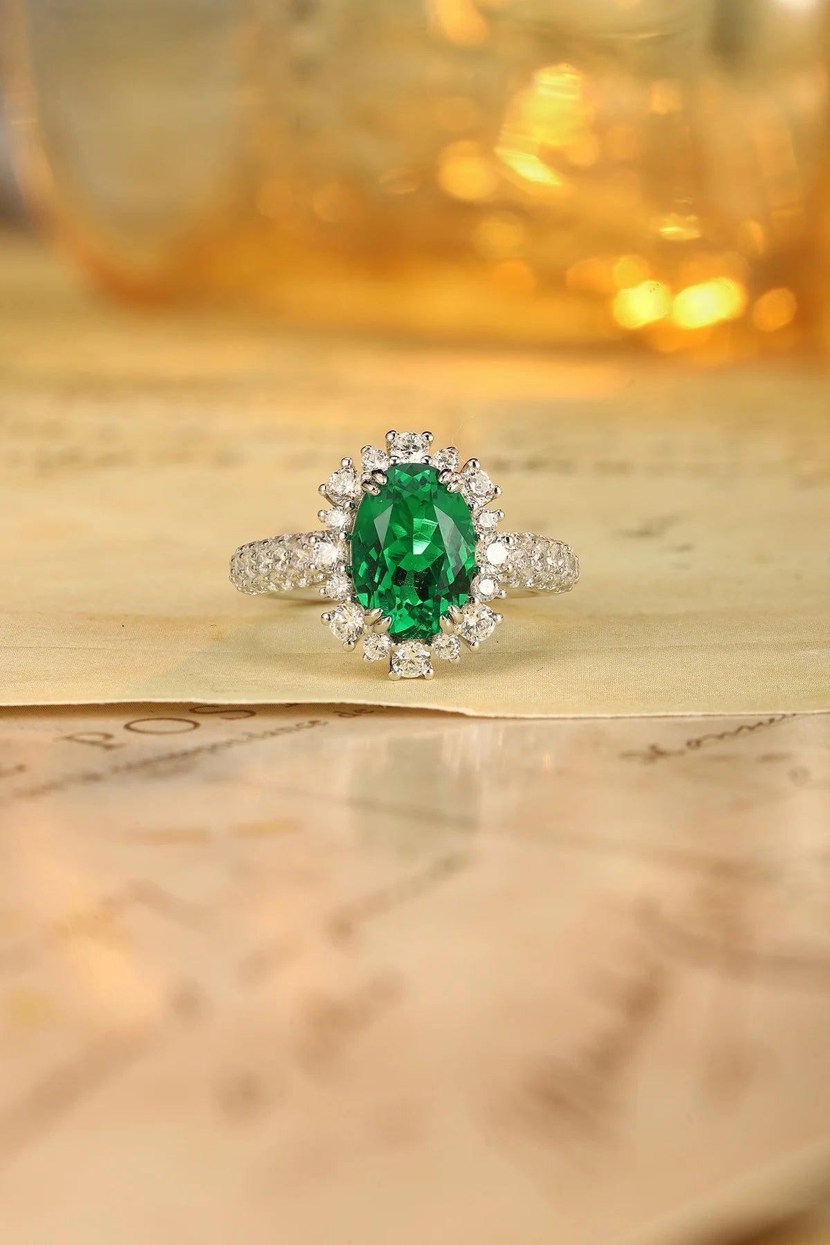 Gemfiori Vintage Rhodium Lab Grown Emerald Engagement Ring for Women 925 Silver Gemstone Birthstone Synthetic Diamonds Wedding