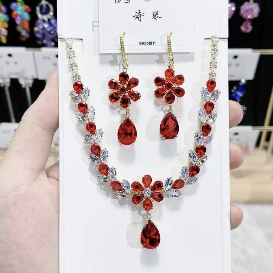 K058 Hot Selling Women Trendy Luxury Flower Zircon Necklace Earrings Set Wedding Elegant Jewelry Set