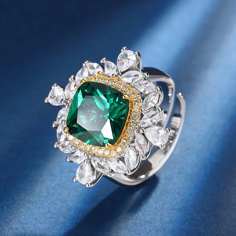 Gemfiori New European and American Retro Emerald Zircon Pendant Ring Sunflower Luxurious High-end Jewelry Set