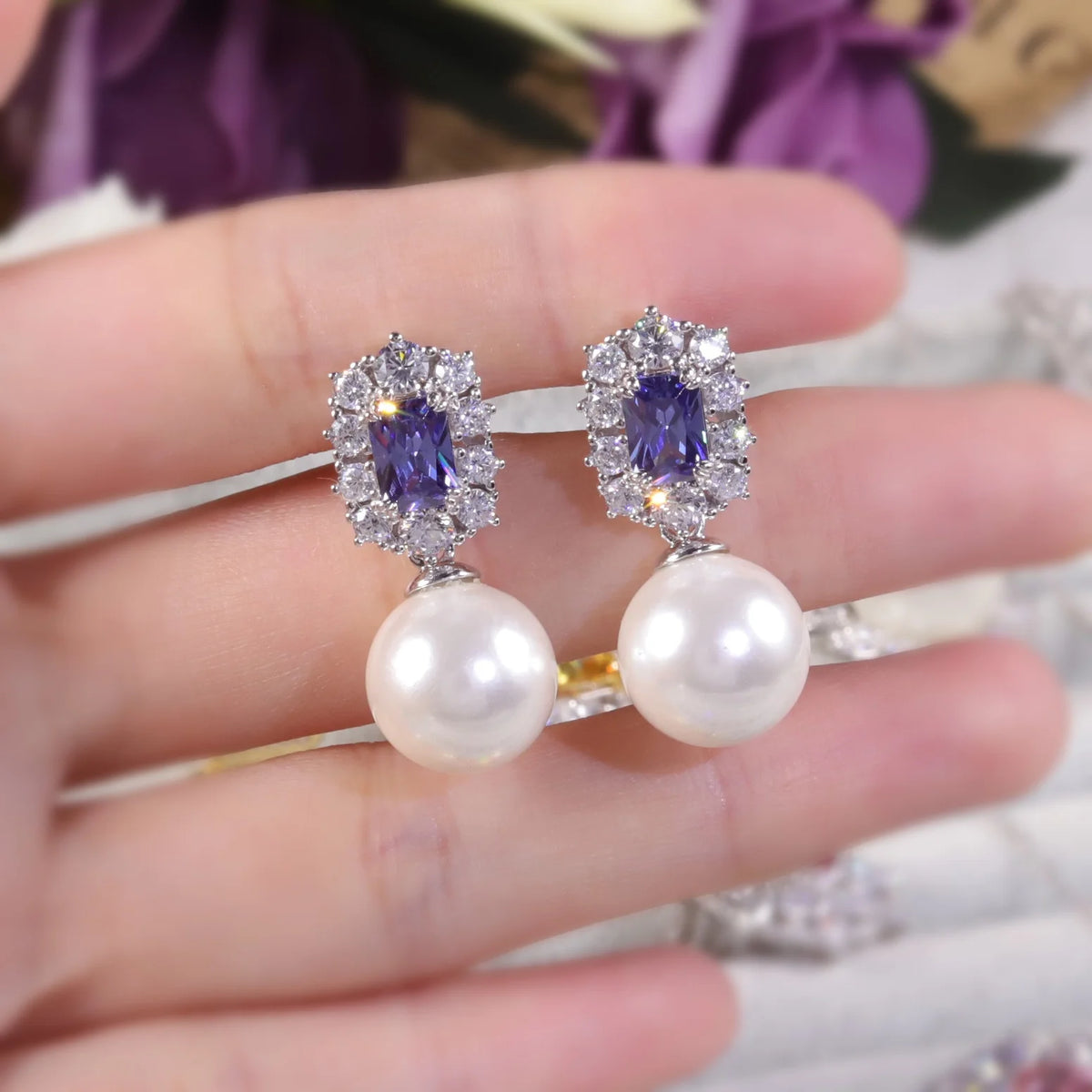 Gemfiori AE250 Abiding Luxury Tanzanite Blue Cubic Zirconia Cz Halo & Round 12MM Imitation Pearl S925 Silver Elegant Drop Stud Earrings