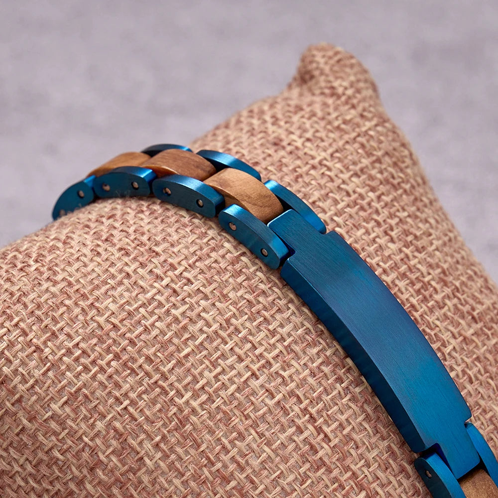 REBEL Custom Brand Logo OEM Men Women Vintage Stainless Steel Chain & Link Eco Friendly Wood Wrist Bracelet Gift