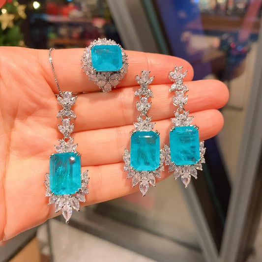 S&S Blue Zircon Flower Jewellery Set – Pendant, Ring & Ear Studs | Collection