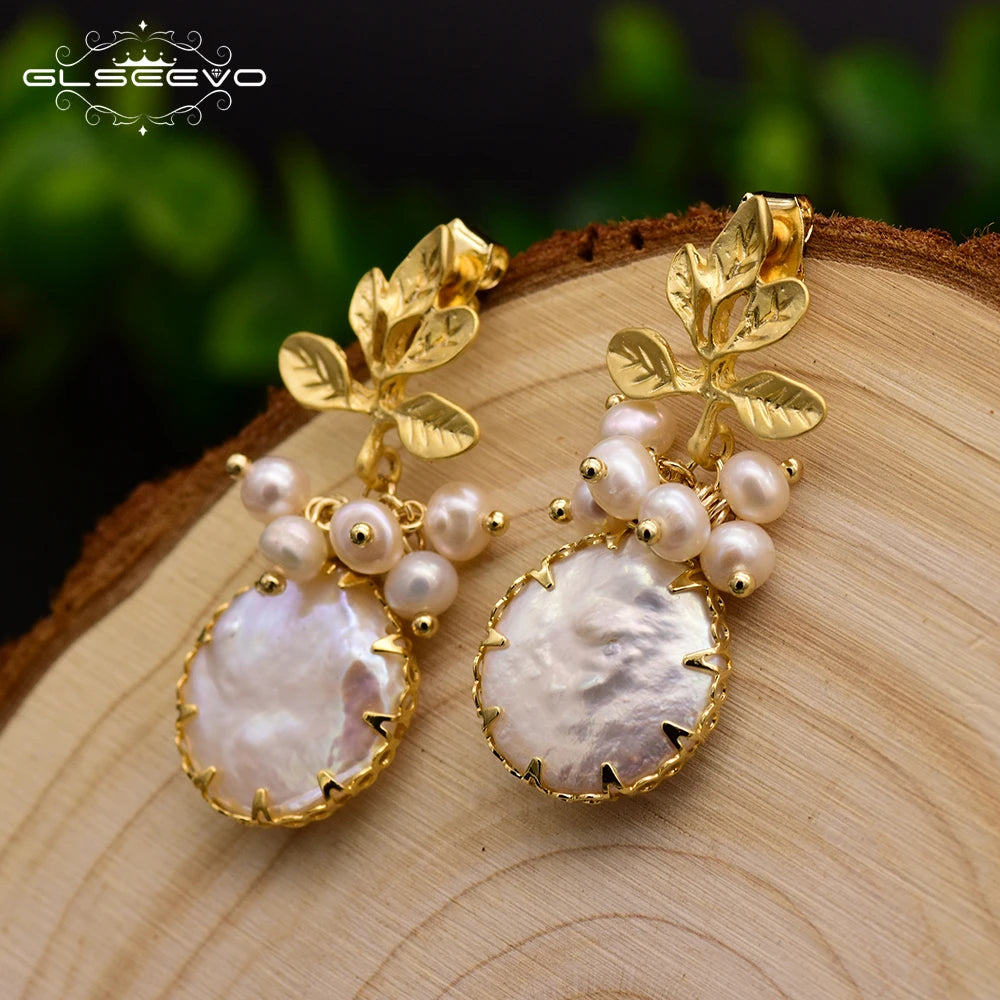 Natural Freshwater Pearl Long Tear Drop Genuine Gemstone Earrings Leaf Monki Earrings for Women Luxury Handmade Fine Jewelry