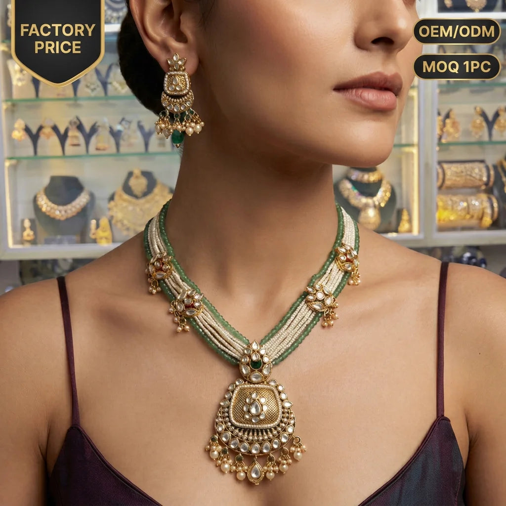 Luxury AD Polki Pearl Layered Necklace Set Gold Plated Traditional Indian Bridal Wedding Party Jewellery for Women Indian set