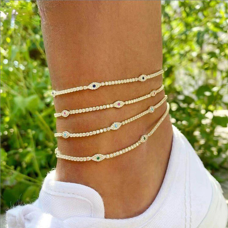 High Quality Summer Beach New Styles Paved Clear Blue CZ Evil-Eye Charm Foot Anklet 2mm Tennis Link Chain Jewelry for Women Girl