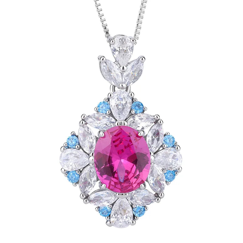 XOTICA Luxury Brazilian Fuchsia Gemstone Pendant Necklace Earring Ring Iced Blue CZ Zircon Flower Wedding Fashion Jewelry Set for Women