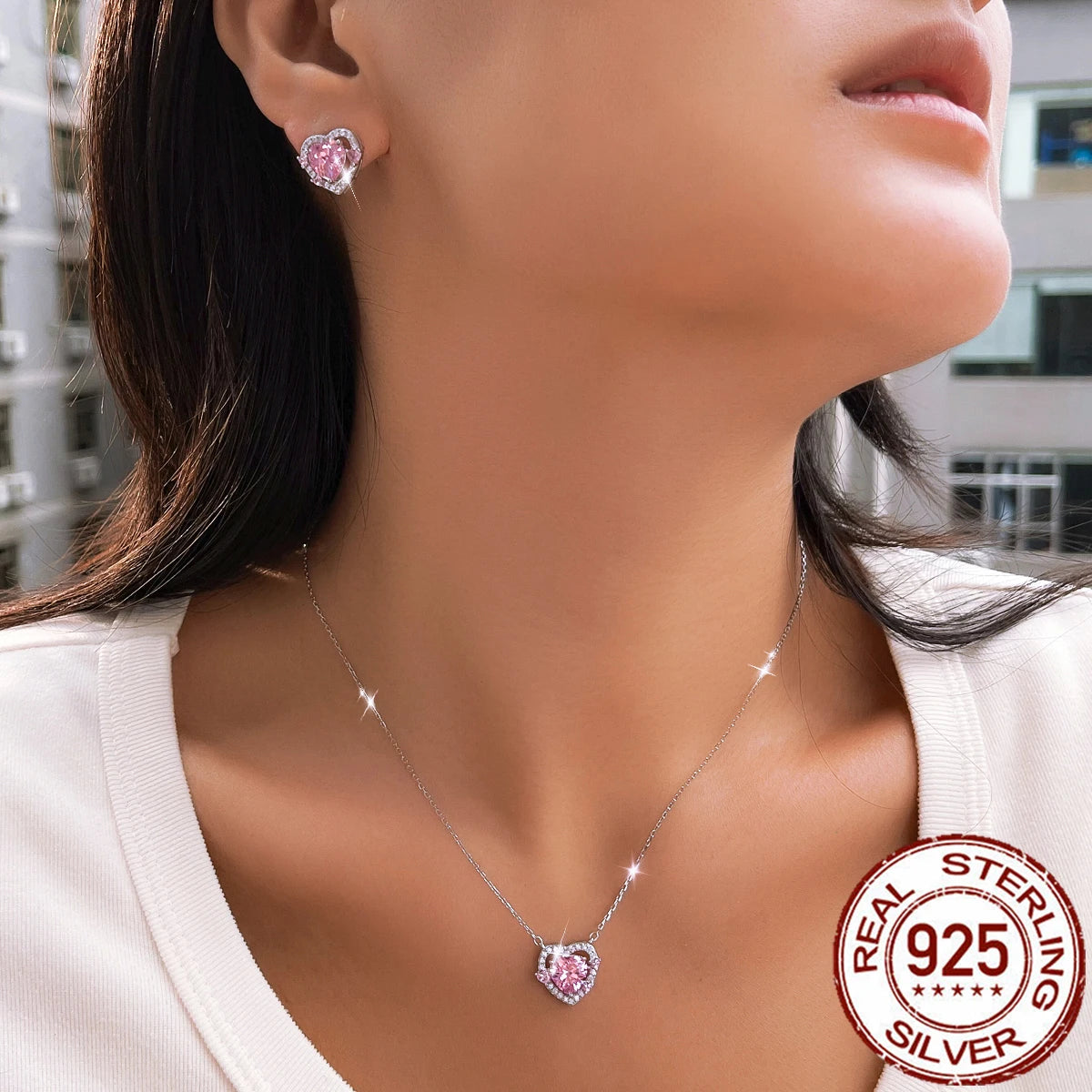 Fine Zirconia Jewelry Set 925 Sterling Silver Pink CZ Love Heart Pendant Necklace Earrings Romantic Jewelry Set for Women