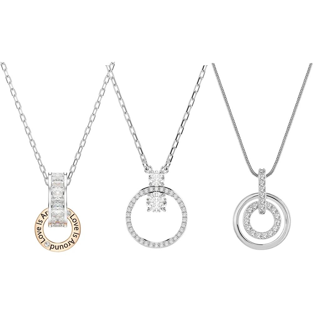 S&S Women Classic Copper Circle Crystal Zircon Pendant Necklace Silver Rose Gold Plated Sparkling Cubic Zirconia Dainty Chain Party
