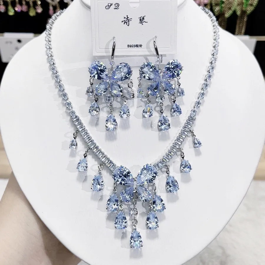 K088 High Quality Women Luxurious Tassel Zircon Butterfly Bridal Necklace Earrings Set Wedding Elegant Jewelry Set