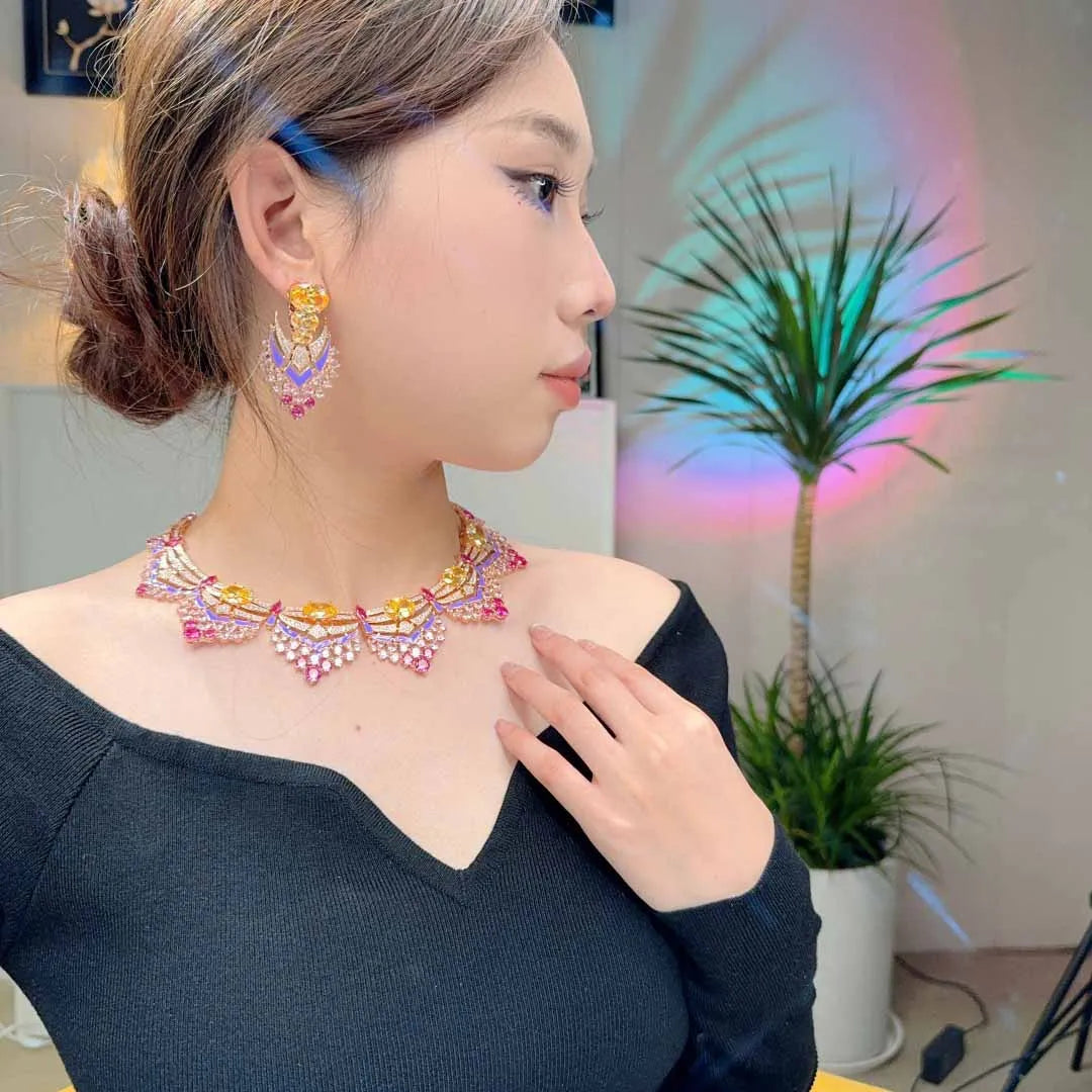 2025 Trendy Luxury Firework Design Bridal Jewelry Sets Elegant Chocker Necklace Earring Sets for Women