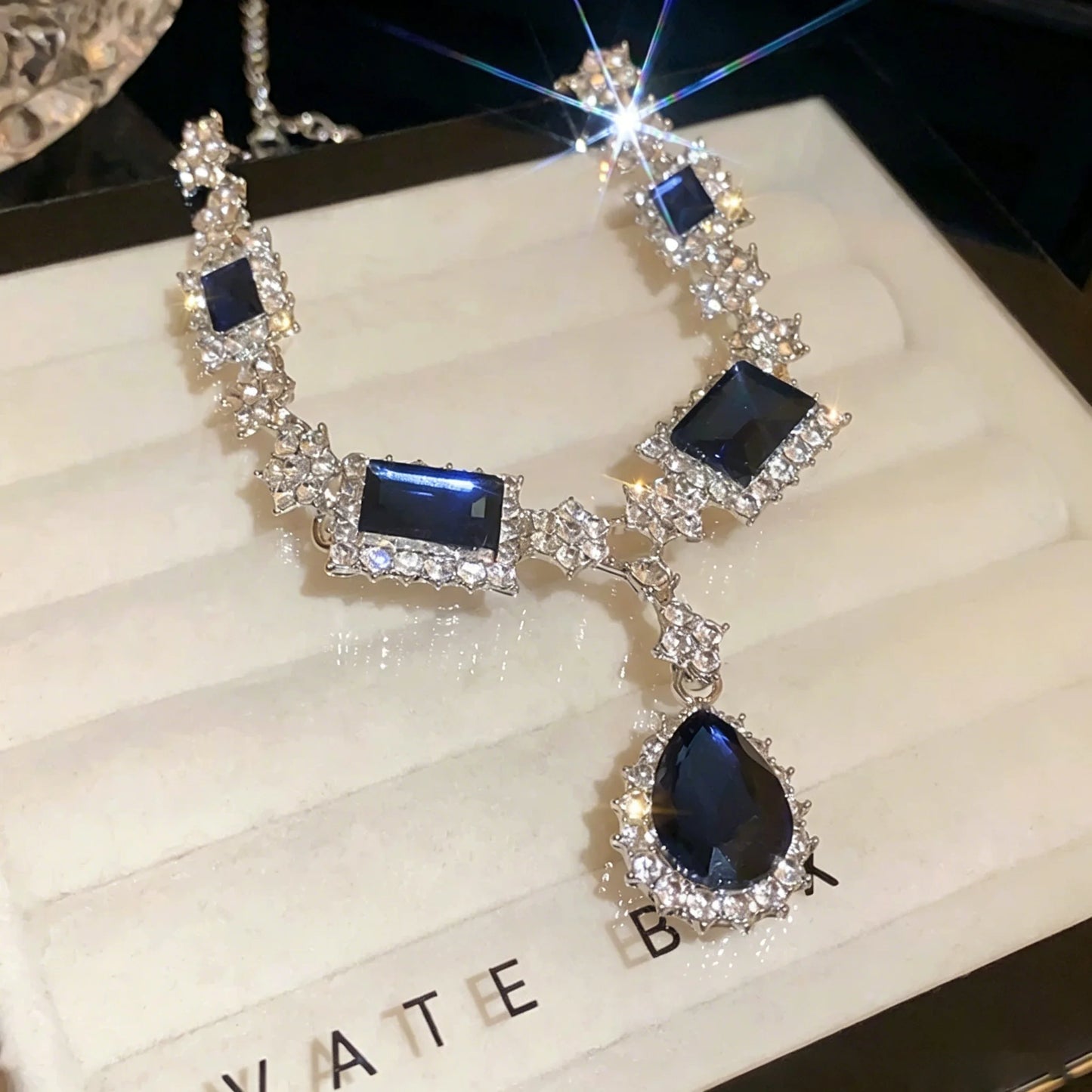 XM S365 Silver Plated Sapphire Blue Crystal Statement Necklace & Earrings Set