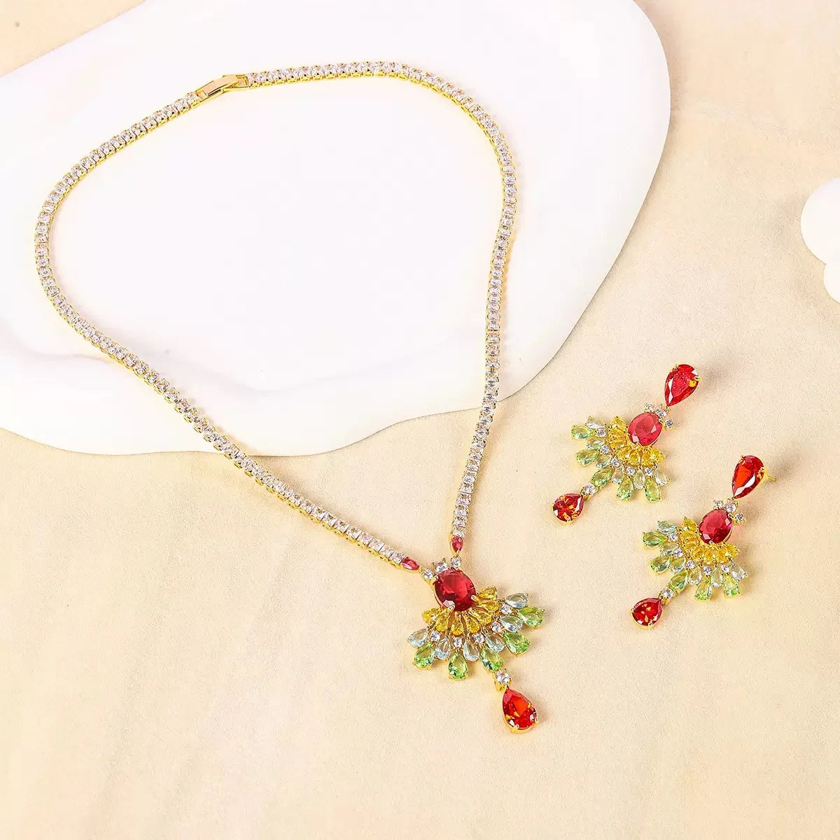 Bella Viva Luxury Fan Dangle Colorful Cubic Zirconia Necklace and Earring Sets, 18K Gold Plated Brass, for Formal Banquet Party