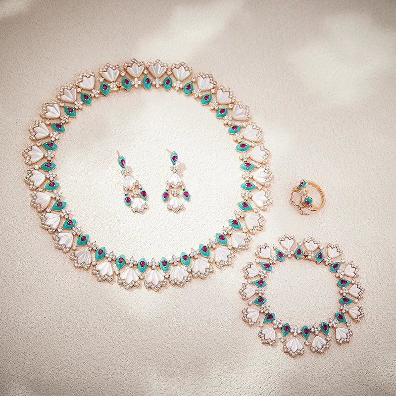 Dubai Luxury White Shell & Zirconia Choker Bridal Jewellery Set — Necklace, Earrings, Bracelet & Ring