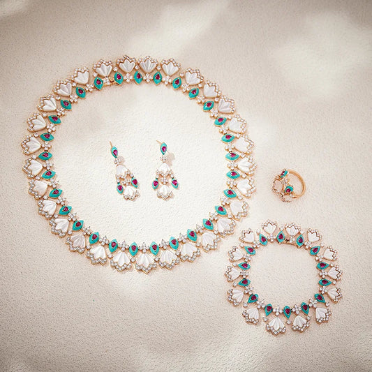 Dubai Luxury White Shell & Zirconia Choker Bridal Jewellery Set — Necklace, Earrings, Bracelet & Ring