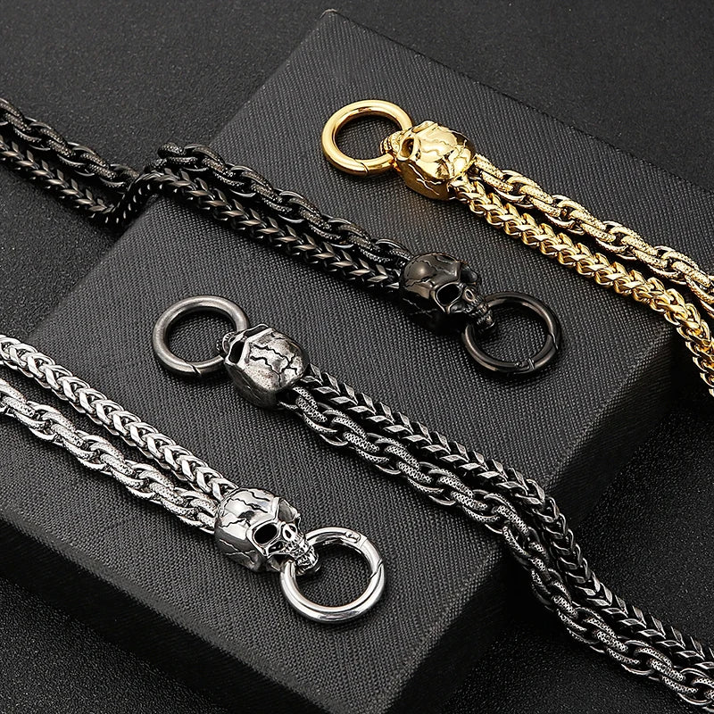 KALEN Punk Double Woven Chain 18K Gold Plating Skeleton Skull Head Men Stainless Steel Jewelry Bracelets