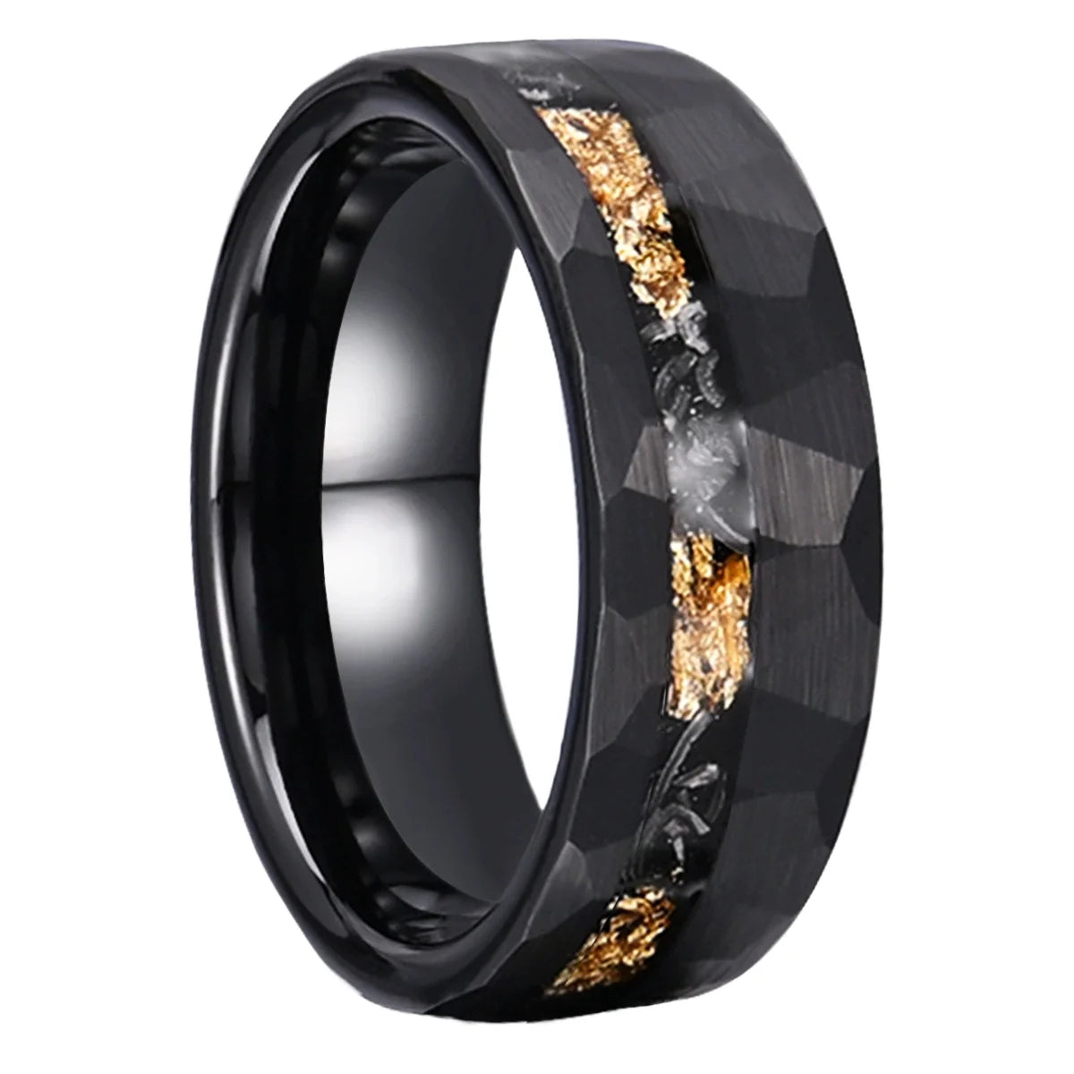 New Fashionable Tungsten Carbide ring with gold foil debris Wedding Engagement  8mm Black Hammered Finish Couples Ring