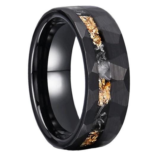 REBEL New Fashionable Tungsten Carbide ring with gold foil debris Wedding Engagement 8mm Black Hammered Finish Couples Ring