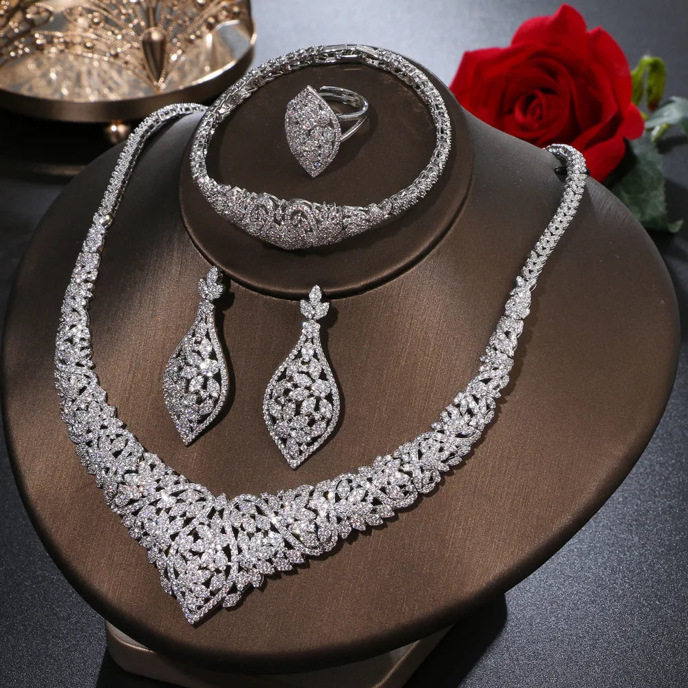 Luxury Sparkly Zirconia 4-Piece Indian & African Geometric Bridal Set — Gold & Rhodium Plated