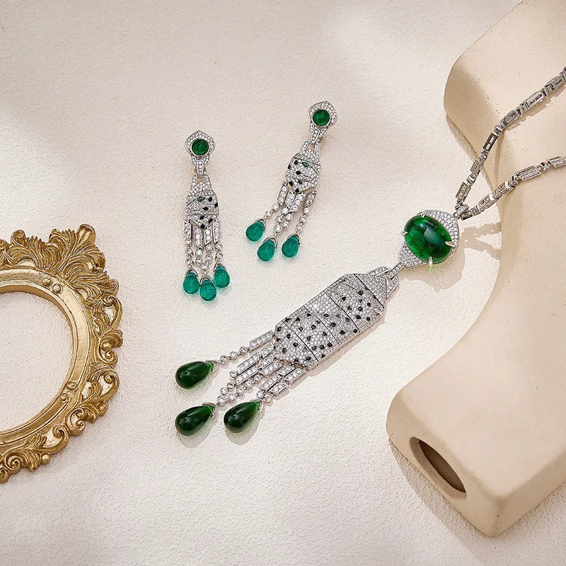 Luxury Leopard Print Teardrop Zirconia Necklace & Earrings Set — Blue & Green