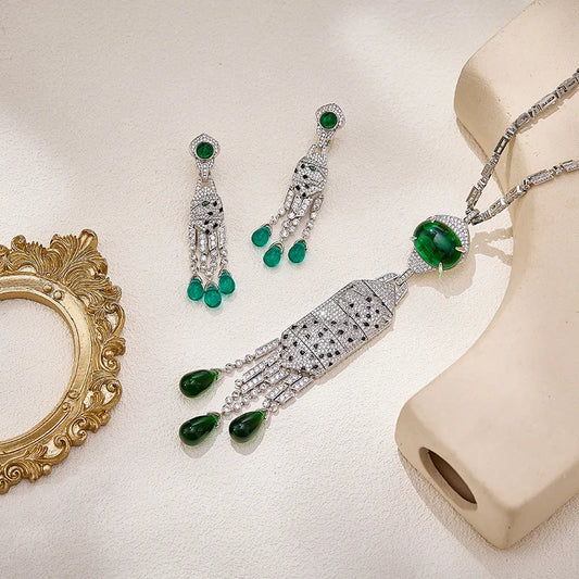 Luxury Leopard Print Teardrop Zirconia Necklace & Earrings Set — Blue & Green