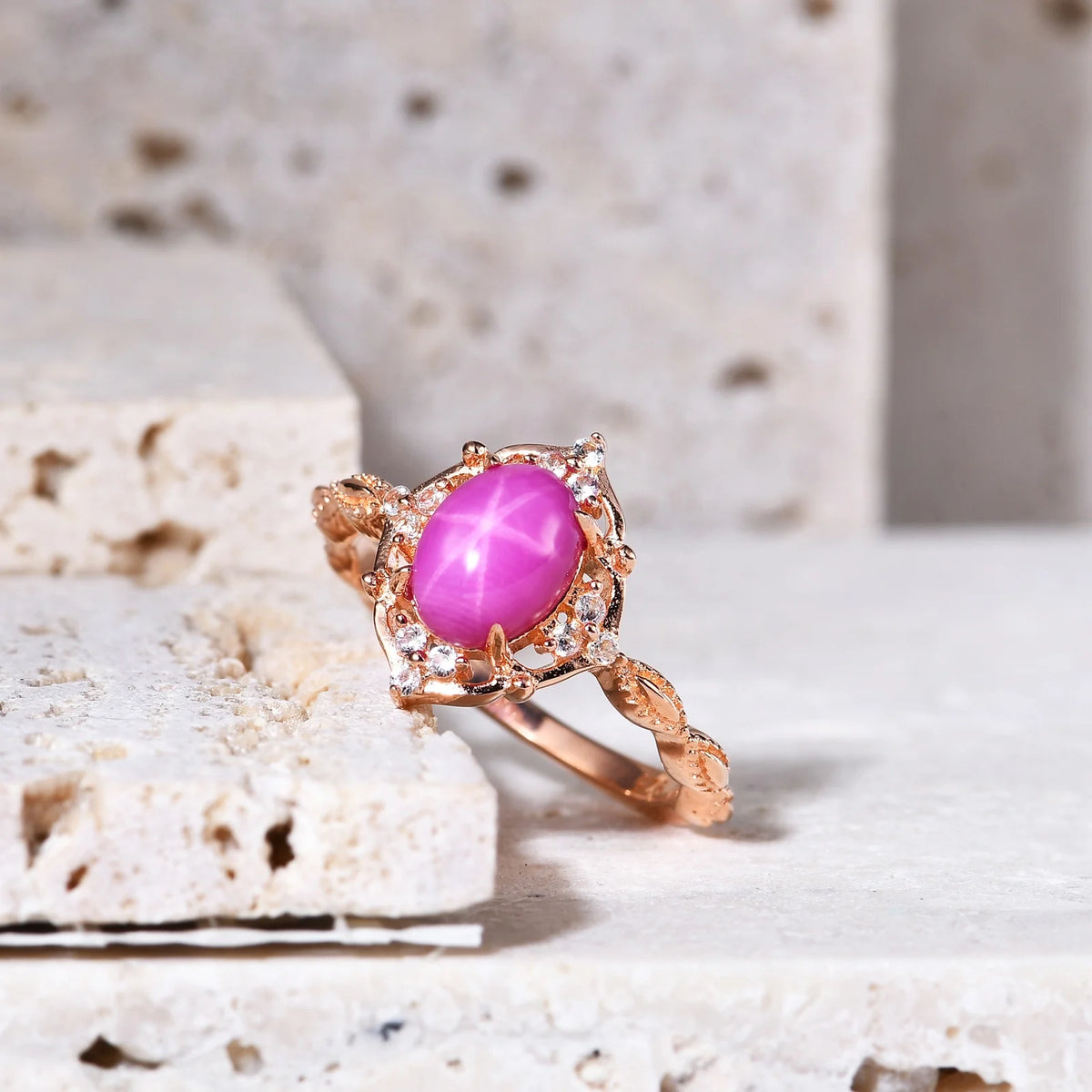 ArtistA Abiding Elegant Rose Gold Plated 925 Sterling Silver Cluster Cz Set Artificial Lab Grown Star Ruby Branch Flower Ring & Necklace