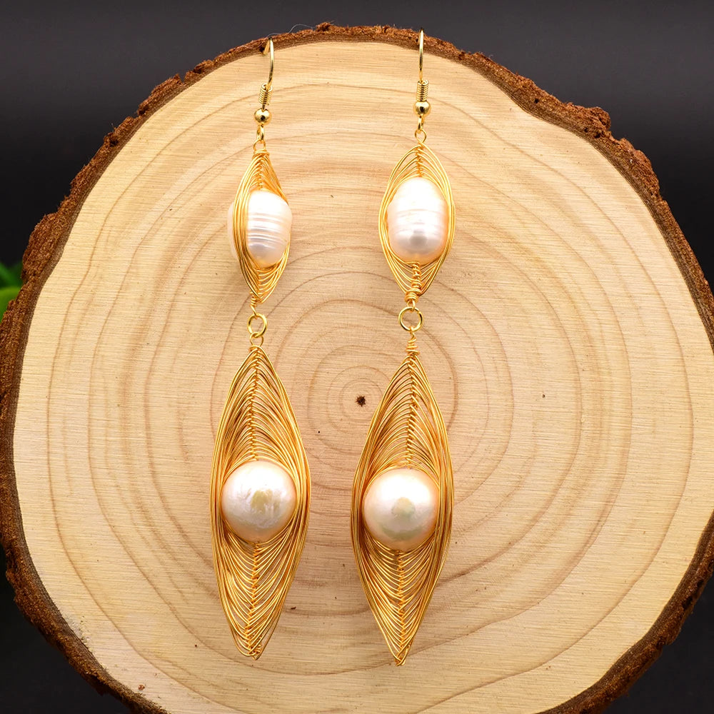 Natural Freshwater Pearls Metal Stud Earrings  Geometric Irregular  for Women Girl Gift Pearl Earrings Fashion Jewelry