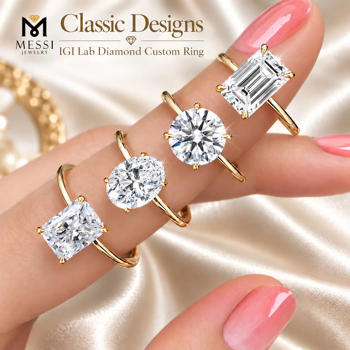 Gemfiori Messi Jewelry 10k 14k 18K White Gold Classic Designs Claw Setting Women 1CT 2CT 3CT Round Oval Pear IGI Lab Grown Diamond Ring