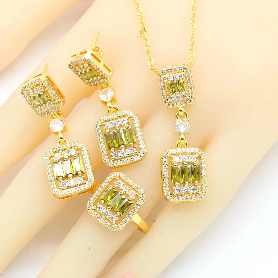 XOTICA 18K Gold Plated Green Zirconia Jewellery Set for Women Includes Earrings Ring Pendent Necklace for Weddings and Parties