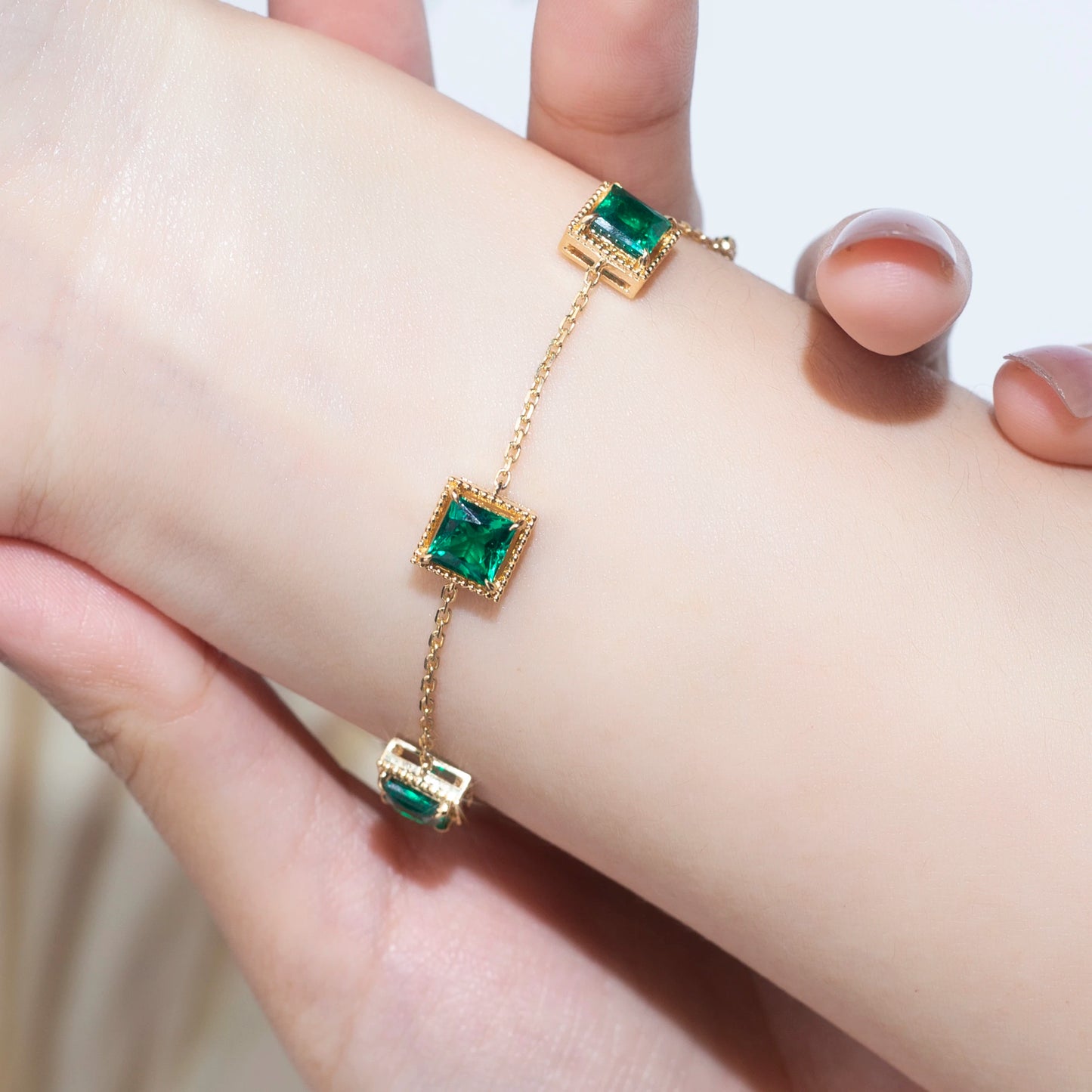 Messi Jewelry  MSB-550 18K Yellow Gold Lab Emerald Bracelets for Women