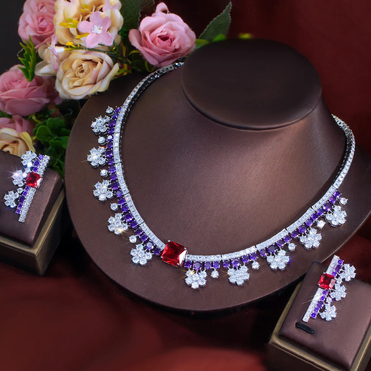 Gorgeous Flower Necklace and Earrings Purple Red Bridal Jewelry Set for Women Luxury Wedding Dress Accessories