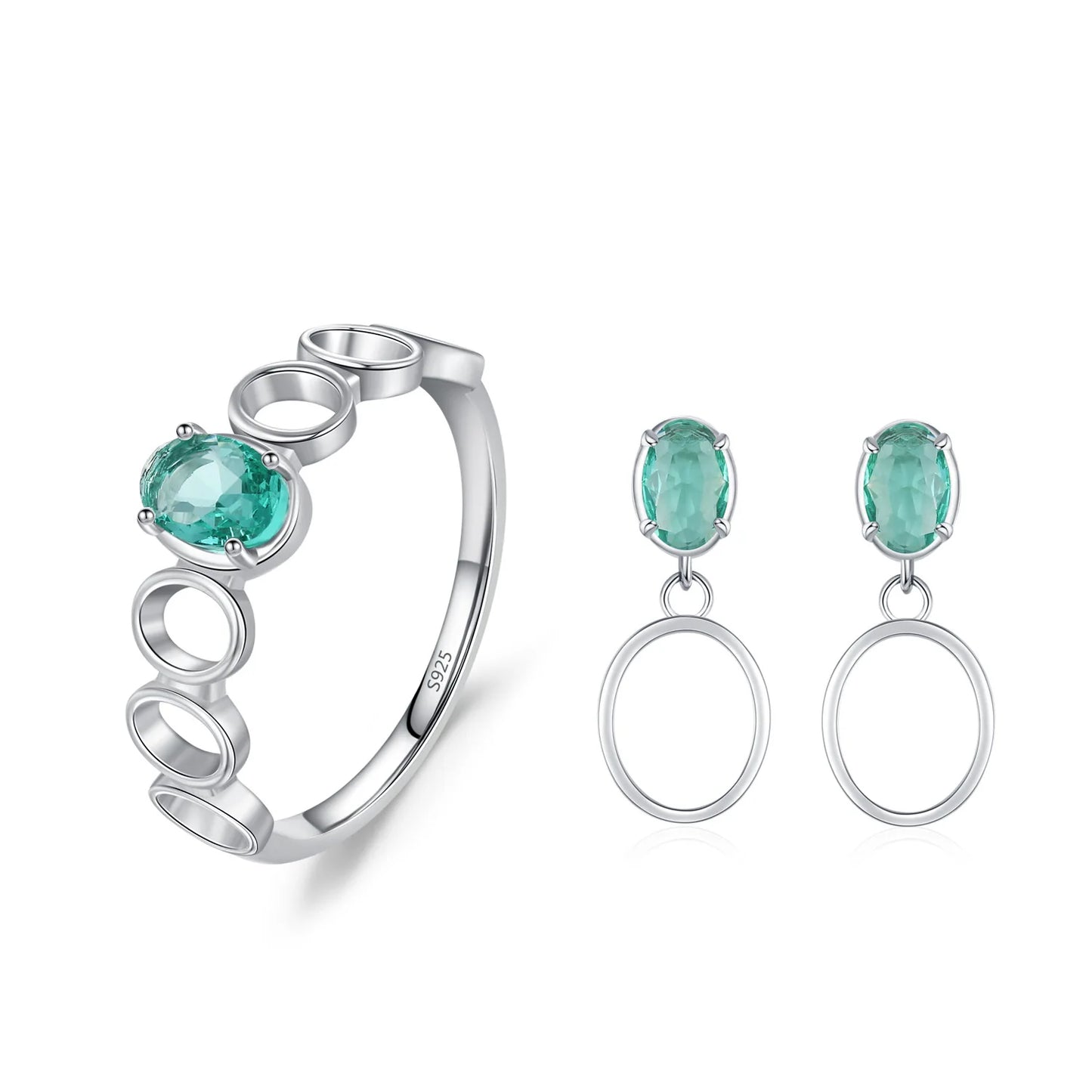 925 Sterling Silver Fresh Blue-green Jewelry Set Fashion Temperament Advanced Paraiba Earring Ring Gift Set