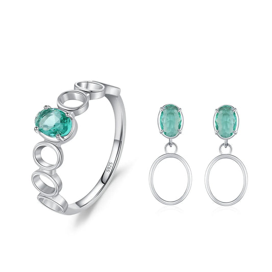 925 Sterling Silver Fresh Blue-green Jewelry Set Fashion Temperament Advanced Paraiba Earring Ring Gift Set