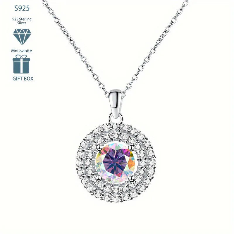 Dainty Double Halo Set Round Cut 1ct VVS GRA Colored Moissanite Jewelry Trendy 925 Sterling Silver Disc Pendant Necklace