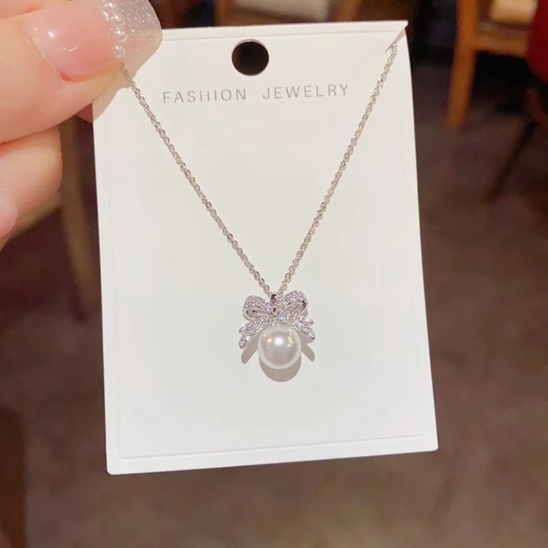 High Quality Fashion Luxury Bow Knot Zircon Necklace and Earrings Set With Pearl Women Real Gold Plated Jewelry Set