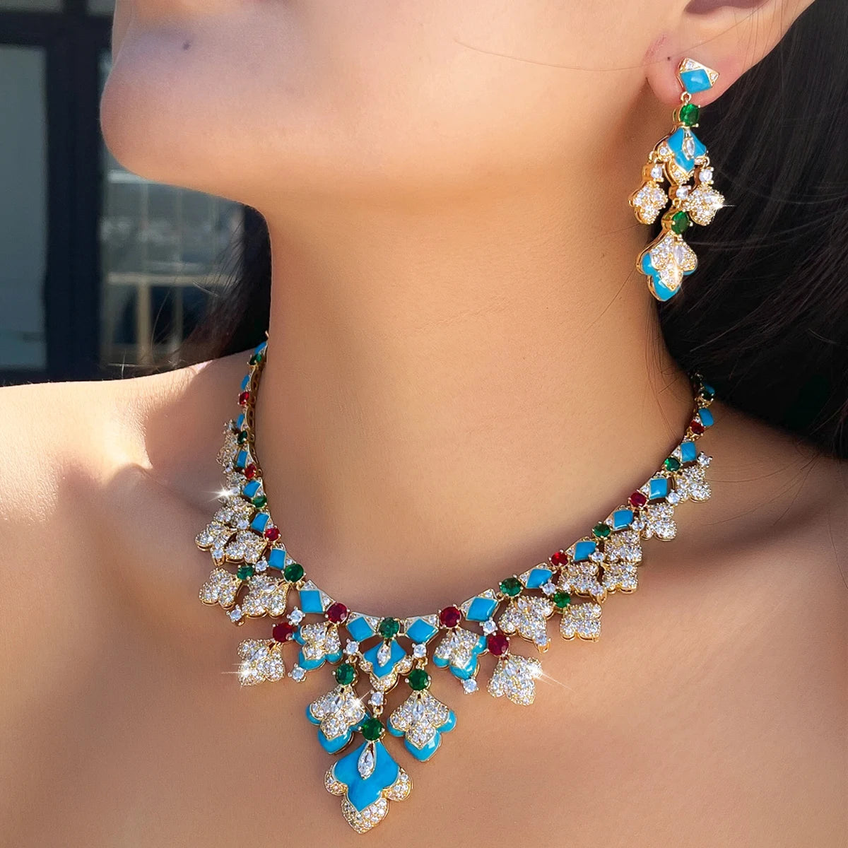 Gorgeous Mediterranean Style Blue Enamel Green CZ Necklace and Earrings Sets Vintage Luxury Jewelry Set for Banquets Vacations
