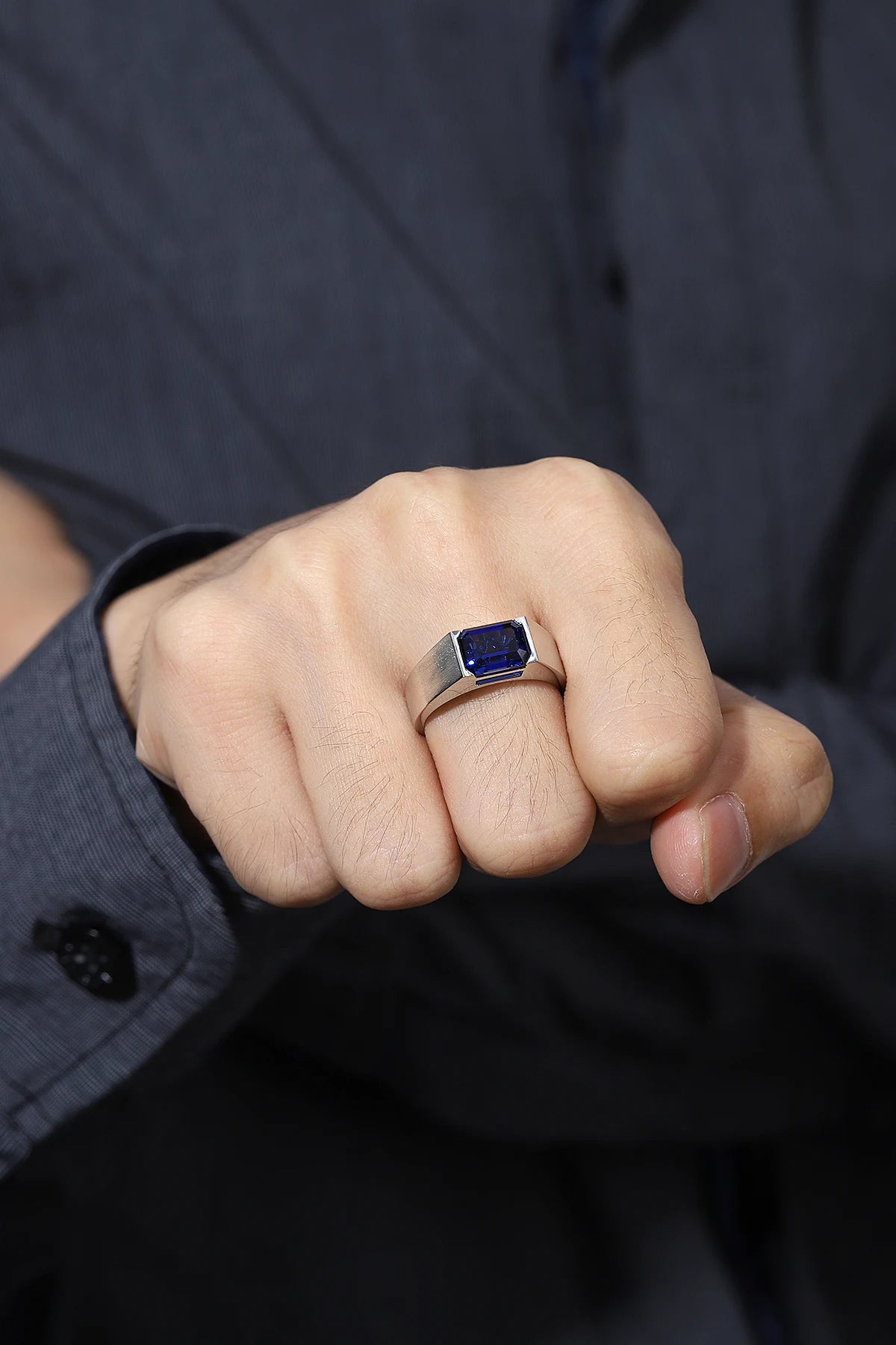 Gemfiori Sterling 925 Silver Men Jewelry Ring Christmas Gift for Him Lab Grown Sapphire Emerald Men Ring