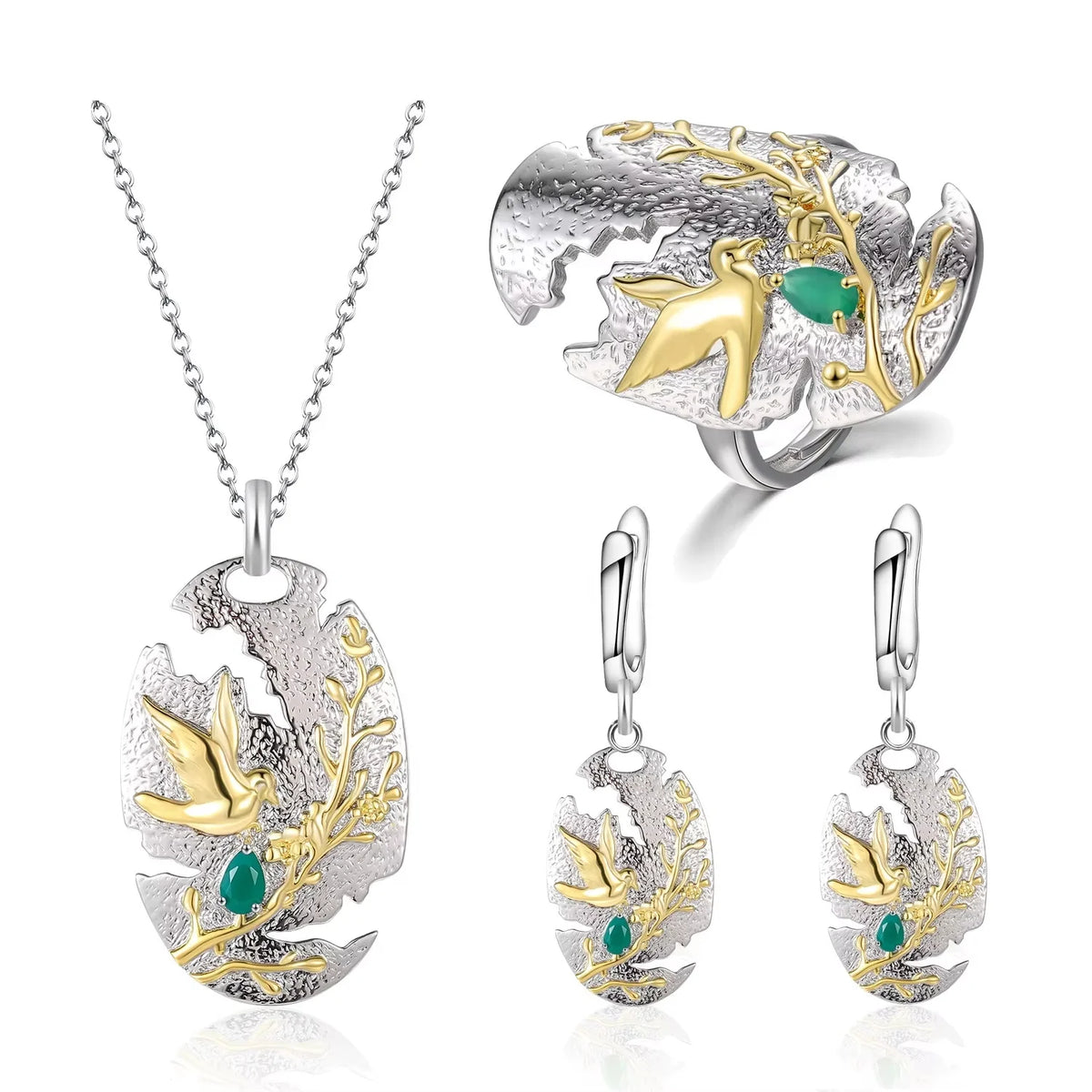 ArtistA C7942 Guangzhou Factory Direct Sale 925 Silver Gold Rhodium 2 Tone Plated Green Agate Spring Forest Bird Jewelry Set for Women