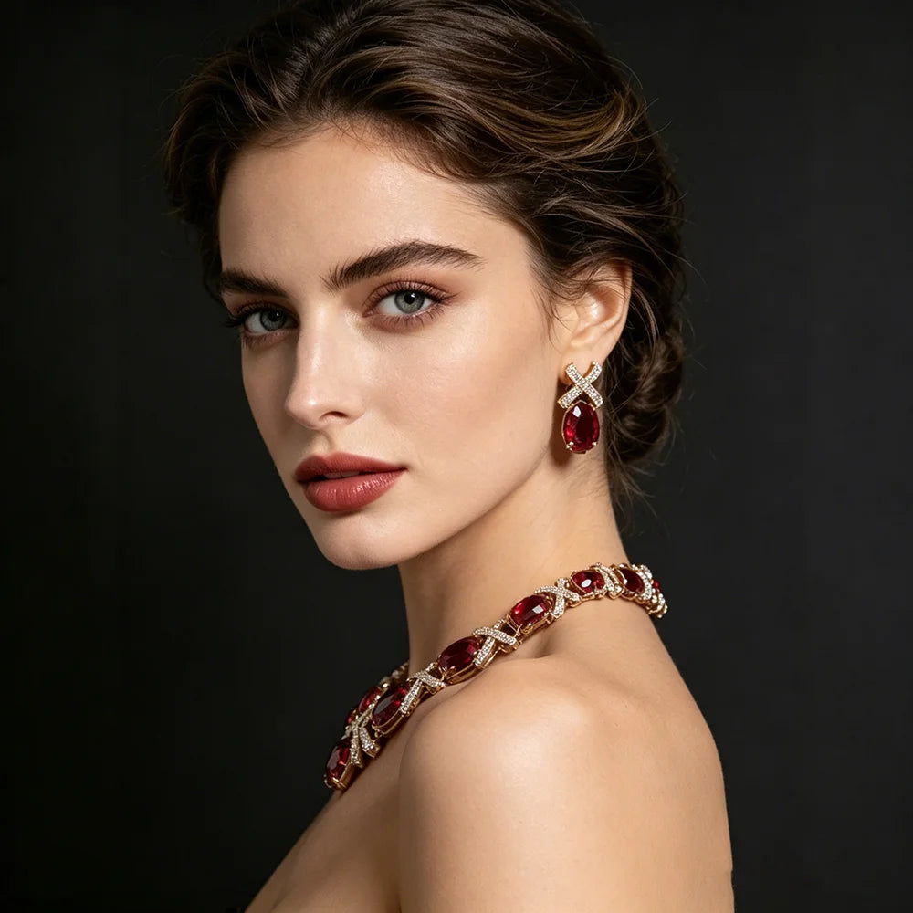 XM S299 Gold Plated Oval Cut Zircon Floral Statement Necklace & Earrings Bridal Set