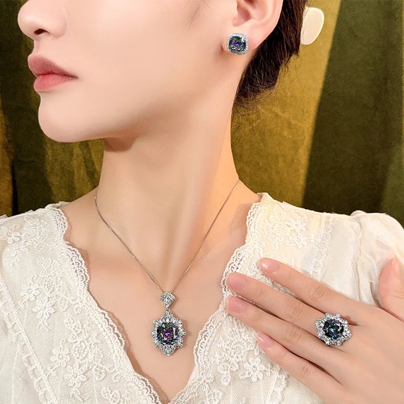 REDheart Square Full Zircon Rhodium Movable Opening Ring Simulation Bird's Nest Cut Seven Color Fashion Wedding Party Gift Pendant Set