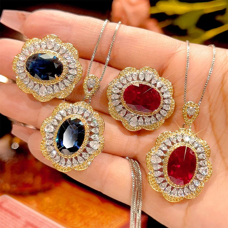 REDheart Brass Zircon Gold-Plated Wavy Open Ring Simulation Blue Pointed Crystal Niche Trendy Engagement Party Pendant Necklace Set