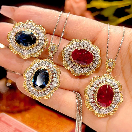 REDheart Brass Zircon Gold-Plated Wavy Open Ring Simulation Blue Pointed Crystal Niche Trendy Engagement Party Pendant Necklace Set
