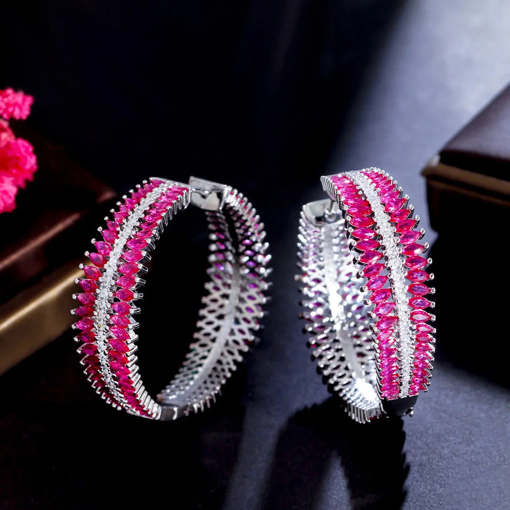 S&S Fuchsia Red Marquise CZ Two-Sided Chunky Hoop Earrings – Rhodium Silver Plated – Collection