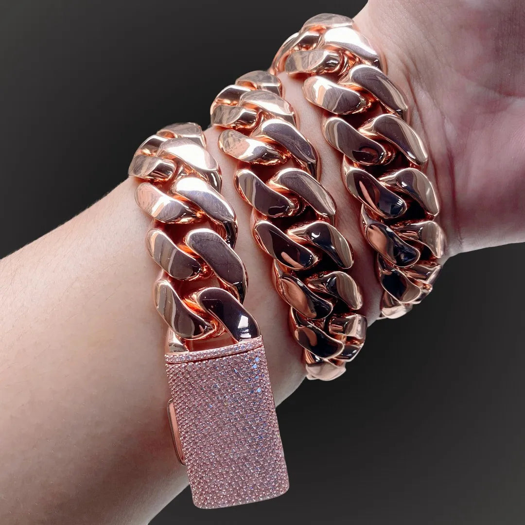 Wholesale Rose Gold Cuban Link Chain and Bracelet Set for Men 18mm Chain with Bling Iced Out Lock Hip Hop Fashion Jewelry
