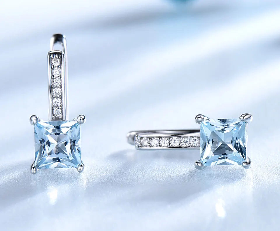 Fashion Jewelry Classic Rhodium Plated 925 Sterling Silver Earrings Blue Topaz Stone Hinged Backing Clip-On Earring for Women