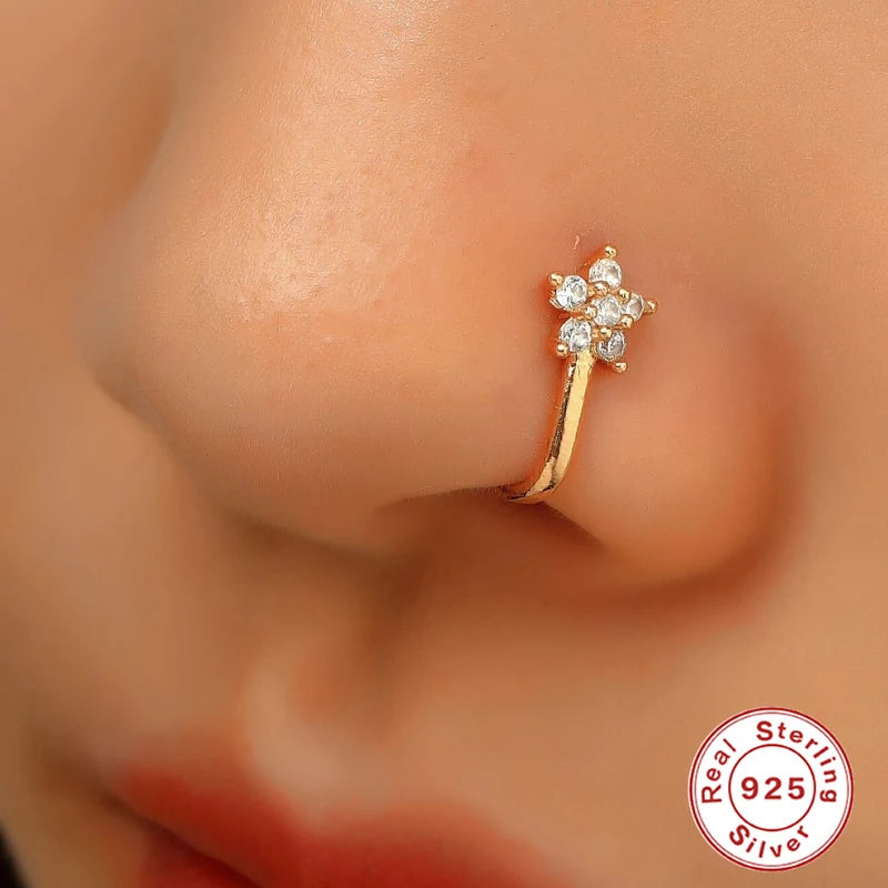 S&S 925 Silver Gold Plated Zircon Nose Cuff | Non-Piercing Flower Moon Star Heart