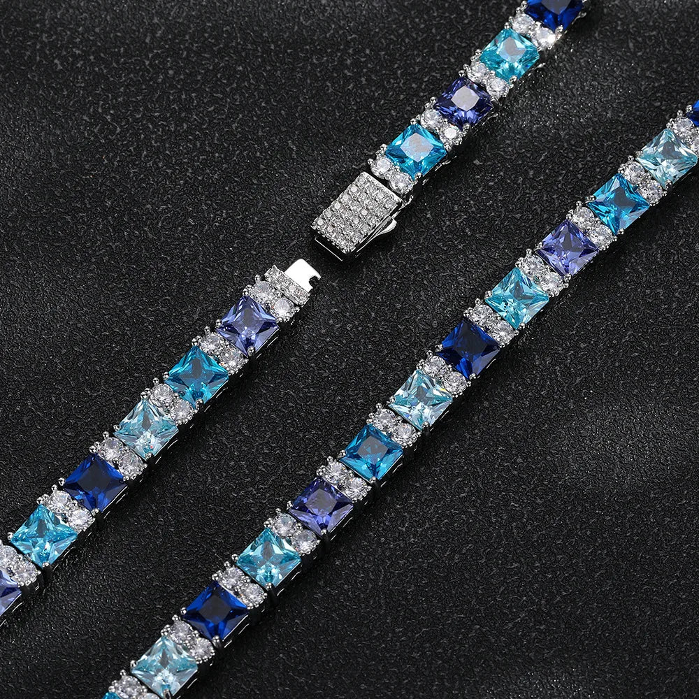 Factory Direct High Quality Blue Gemstone Cubic Zirconia Tennis Necklace 16-20inch Luxury Bling Hip-Hop Necklace